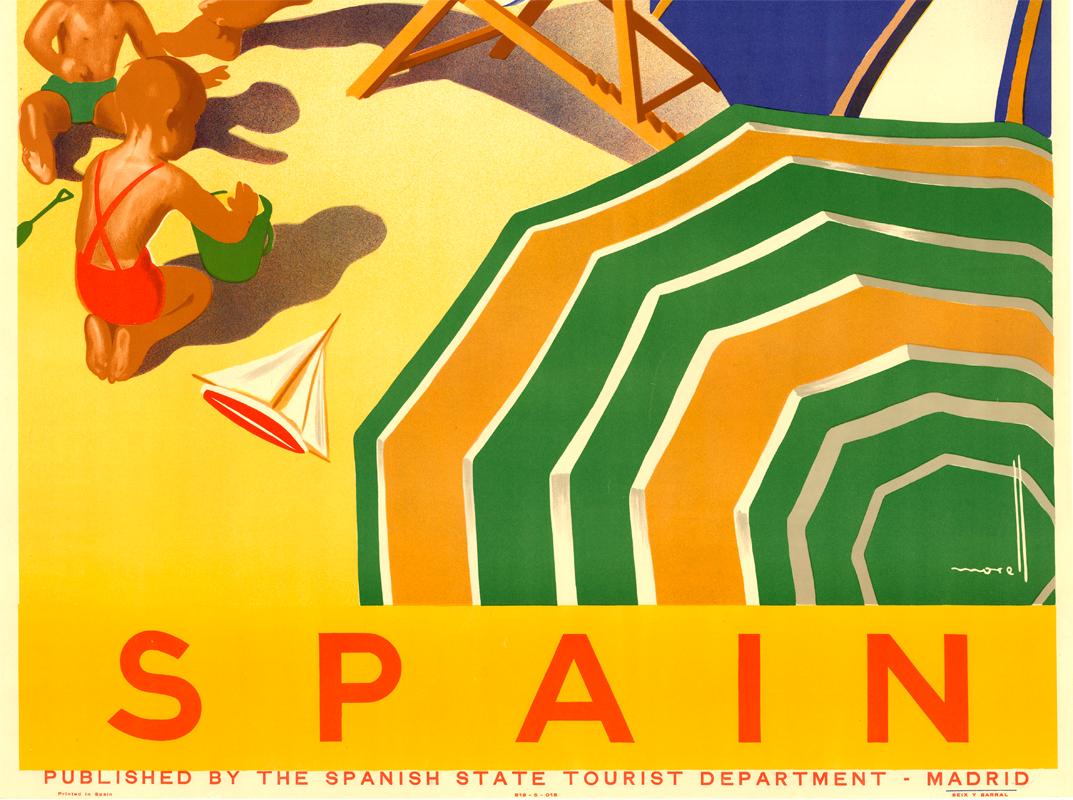 Originales Vintage-Reiseplakat nach Spanien, englische Version (Orange), Print, von Jose Morell