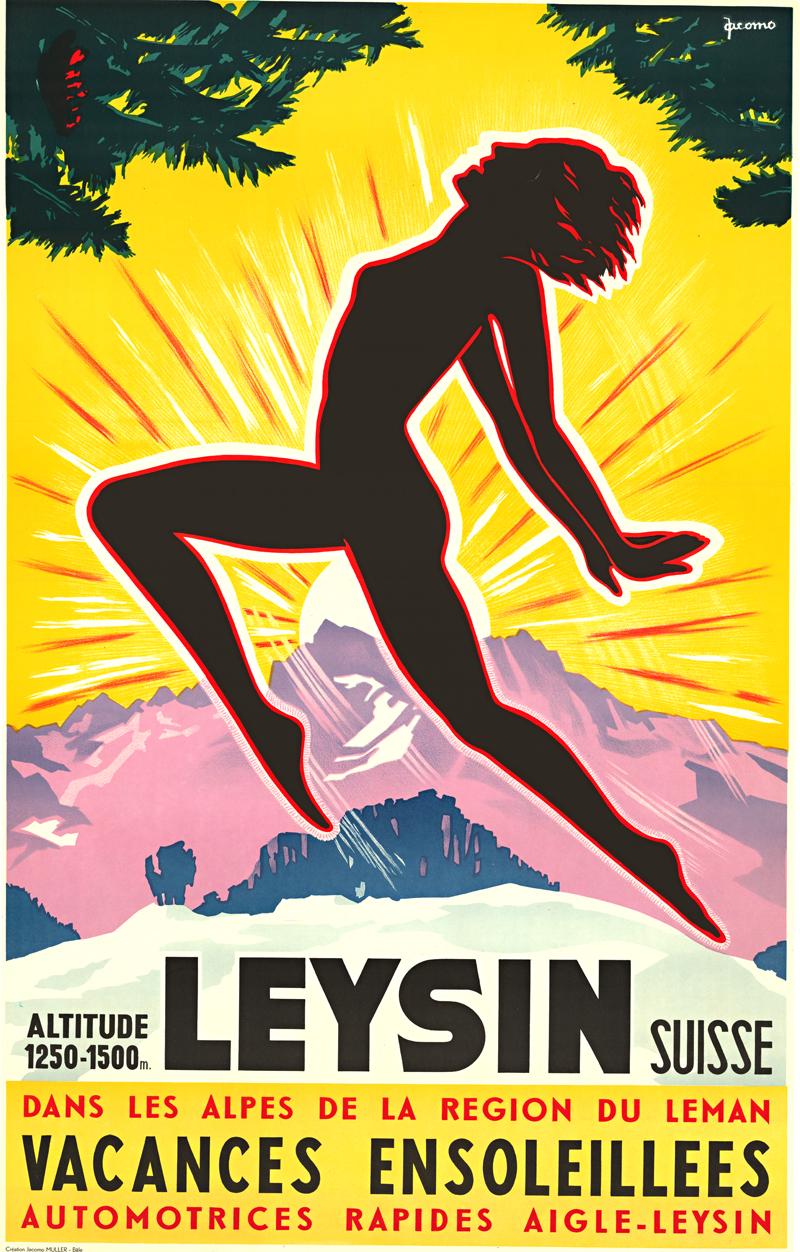 Jacomo Muller Landscape Print - Original Swiss vintage travel poster:   Leysin, Switzerland