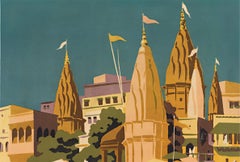 Lithographie d'affiche vintage originale de Varanasi Inde