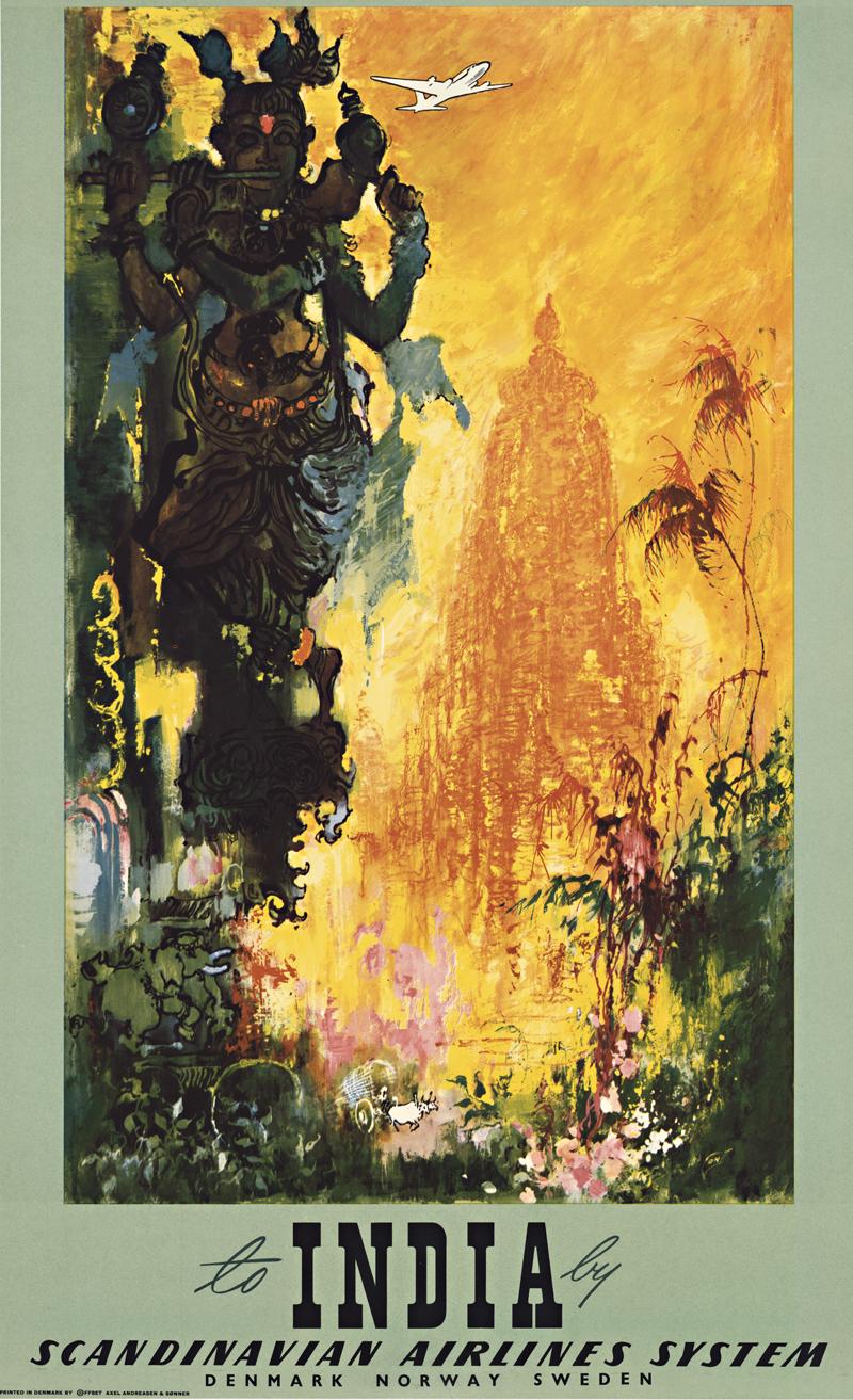 Scandinavian Airlines System fly to India original vintage travel poster