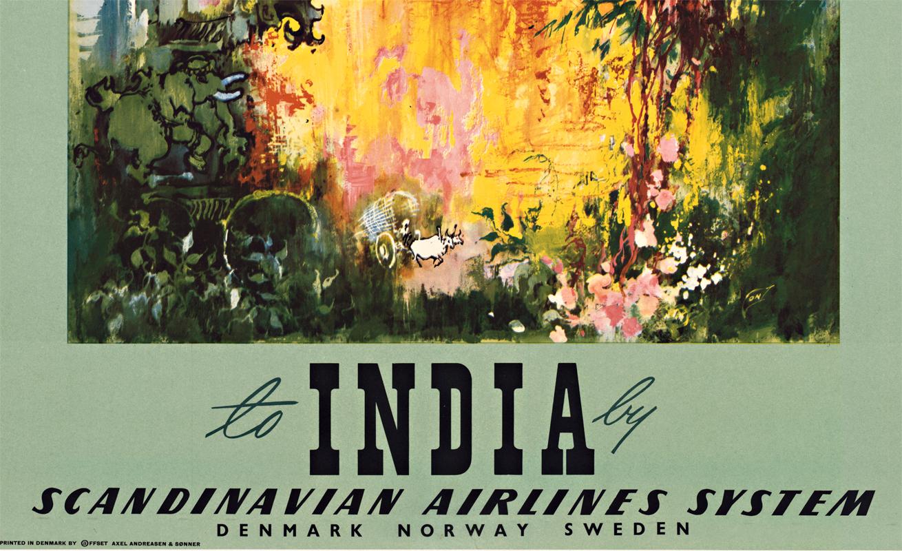 Originales Vintage-Reiseplakat Skandinavisches Airlines System fliegen nach Indien (Beige), Print, von Otto Nielsen