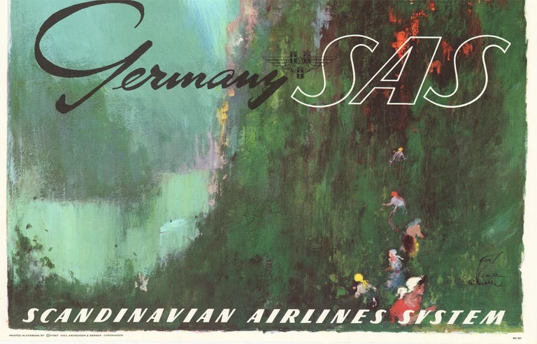 13in x 19in SAS Scandinavian Airlines System Vintage Airline Travel Poster by Otto Nielsen c.1950s Master Art Print Rhine River Valley Castle Germany 