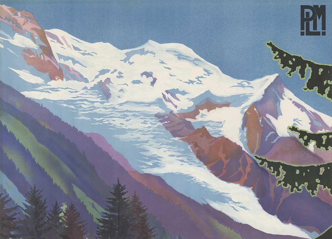Chamonix Mont-Blanc Vintage-Reiseplakat, Original (Grau), Landscape Print, von Max Ponty