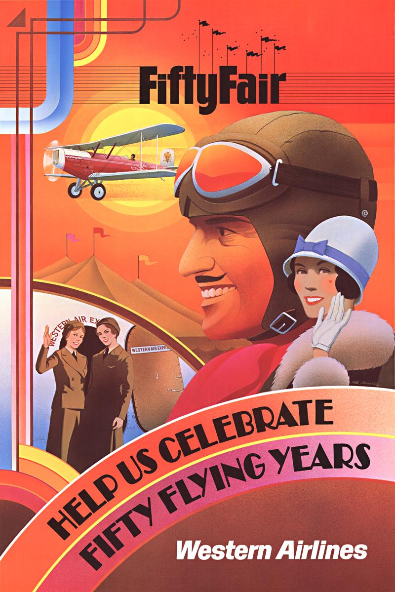 Affiche vintage originale Western Airlines FiftyFair - Aidez-nous à célébrer le cinquantième anniversaire 