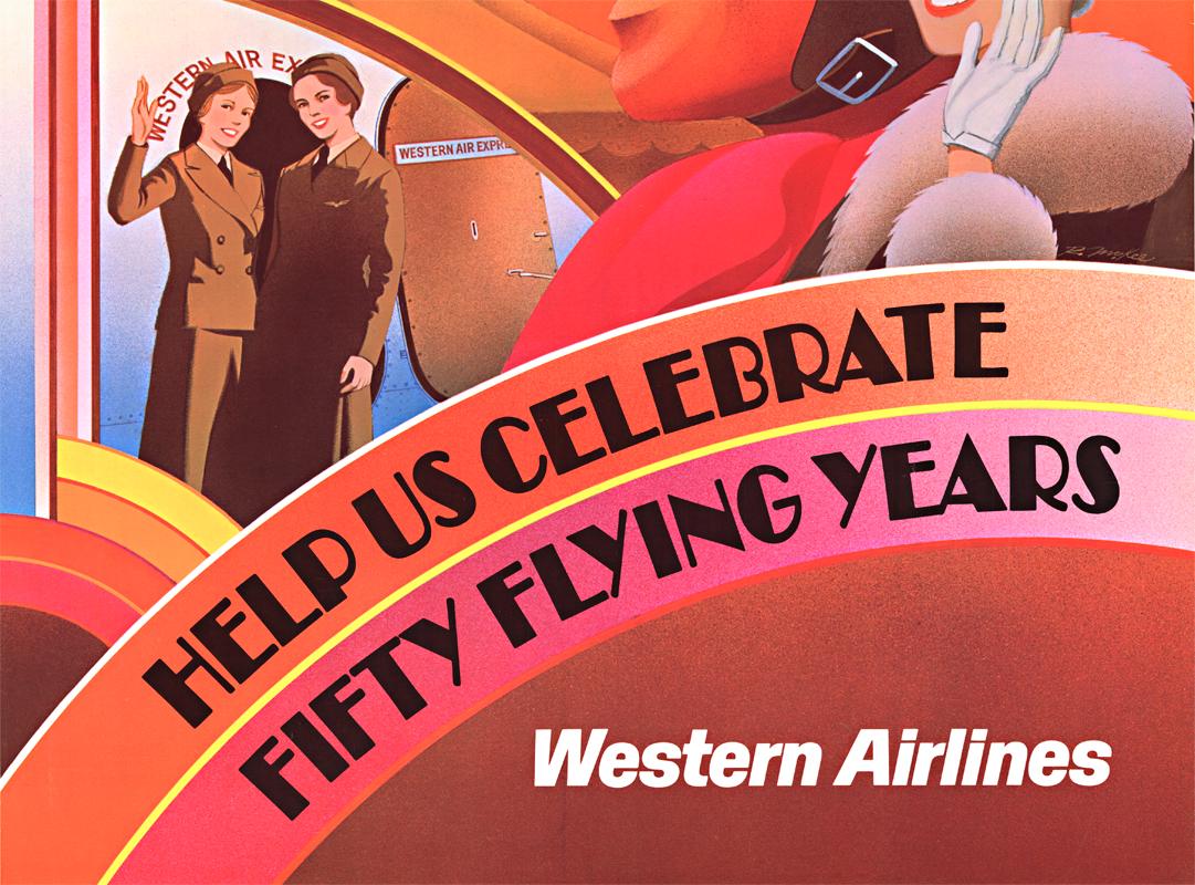 Western Airlines FiftyFair original vintage poster Help Us Celebrate Fifty  - Art Deco Print by R. McKee