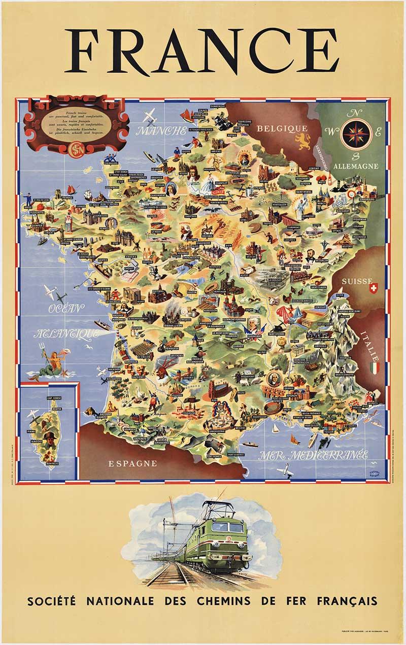 Original France Societe Nationale des Chemins de Fer Francais vintage poster map