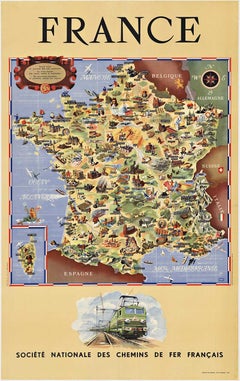 Original France Societe Nationale des Chemins de Fer Francais Vintage poster map