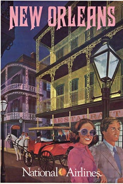 Affiche vintage originale de voyage américaine de la Nouvelle-Orléans par National Airlines