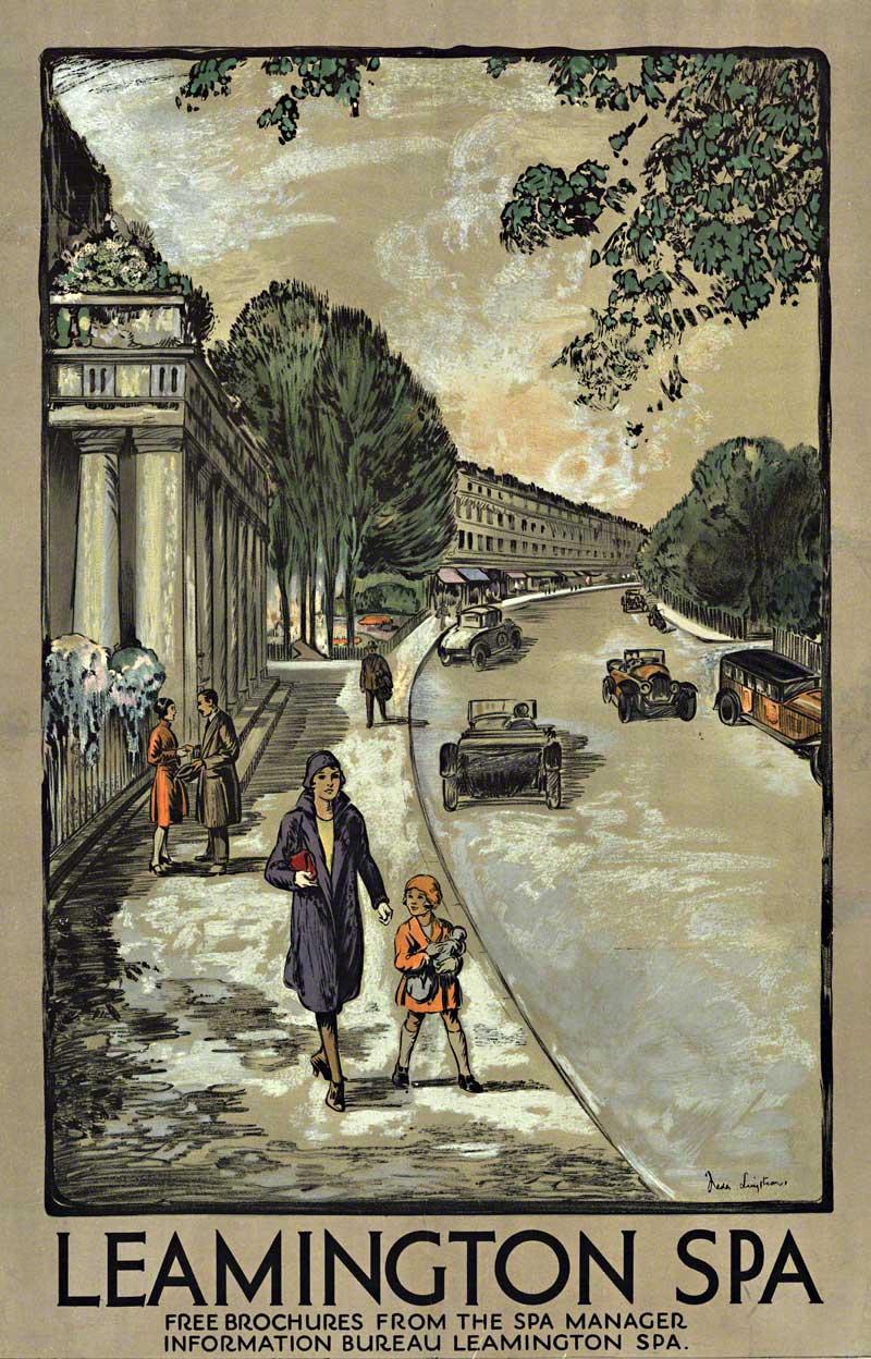 Leamington Spa, originales britisches Reiseplakat (Braun), Print, von Freda Lingstrom