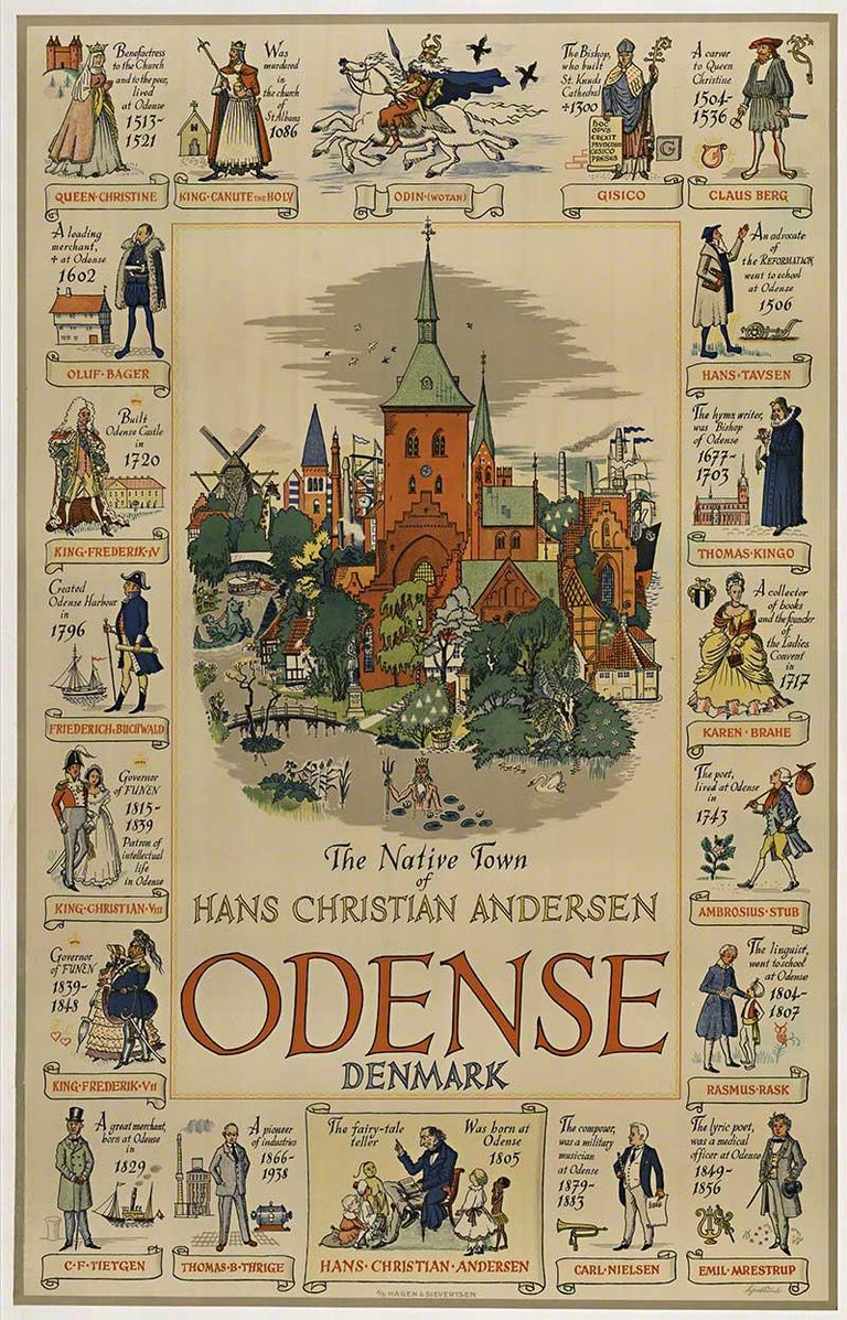 Gustuv Hjortlund Figurative Print - Odense Denmark original Danish vintage travel poster