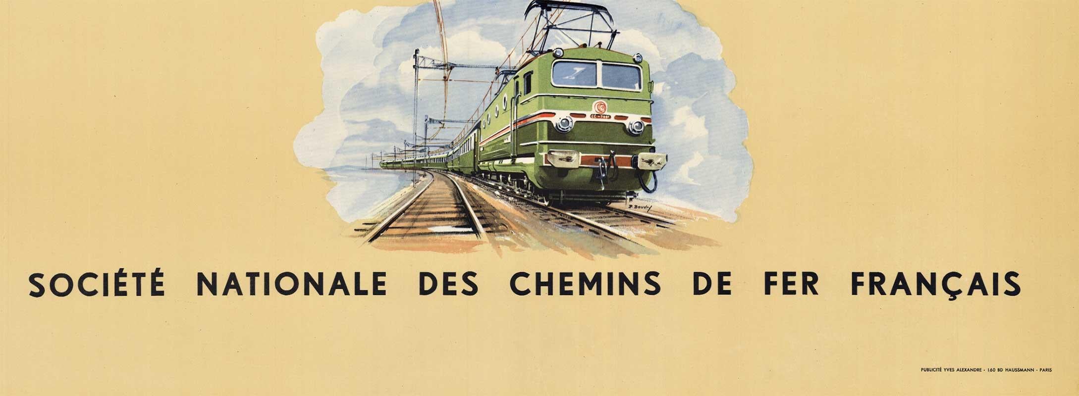 Carte d'affiche vintage de la Société nationale des Chemins de Fer français - Réalisme américain Print par P. Bouvry
