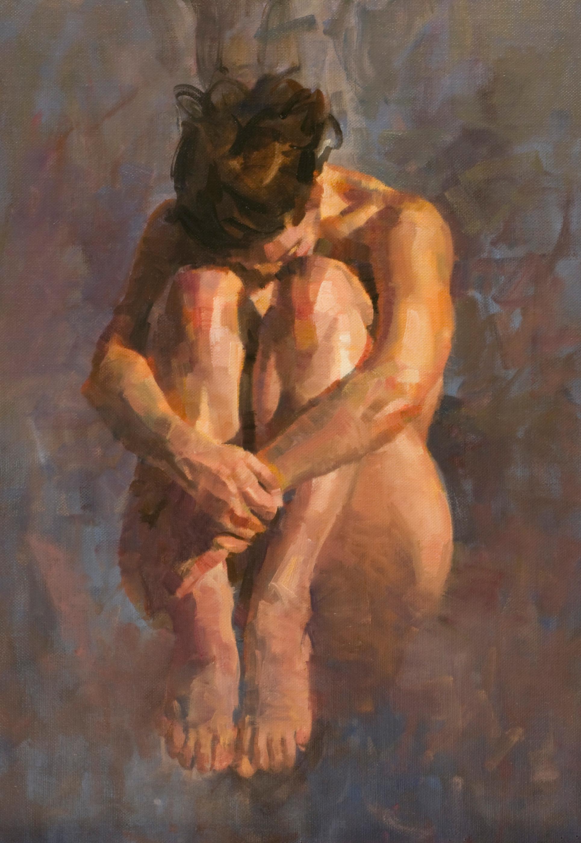 James Crandall Nude Painting - V. in Tucked Position, oil painting, Figurative style 