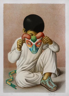 The Boy with a Mask, Mexican Artist, Hand Finished Lithograph, Paris
