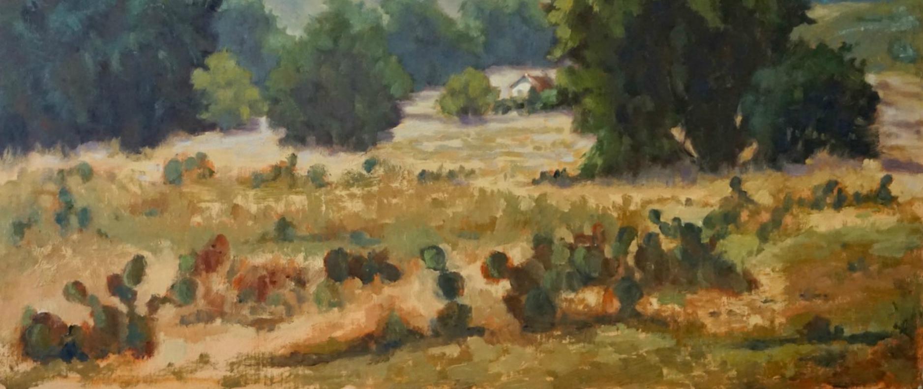Peinture à l'huile sur le ranch de Comanche Hills, Texas  Le Texas Hill Country - Marron Landscape Painting par Judy Elias