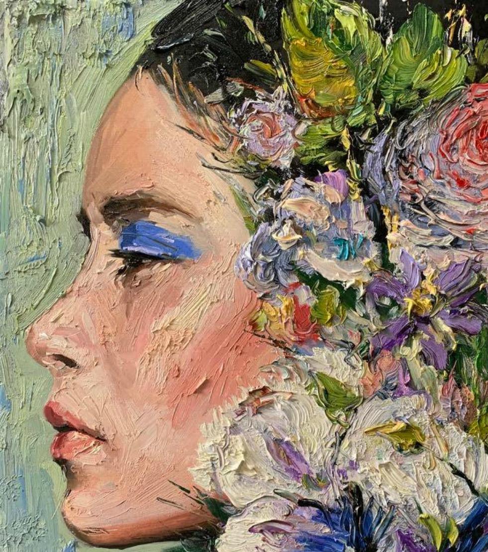 Elizabeth, Impressionism, Floral, Portrait, Cuban Artist in USA, oil painting - Painting by Eric Alfaro