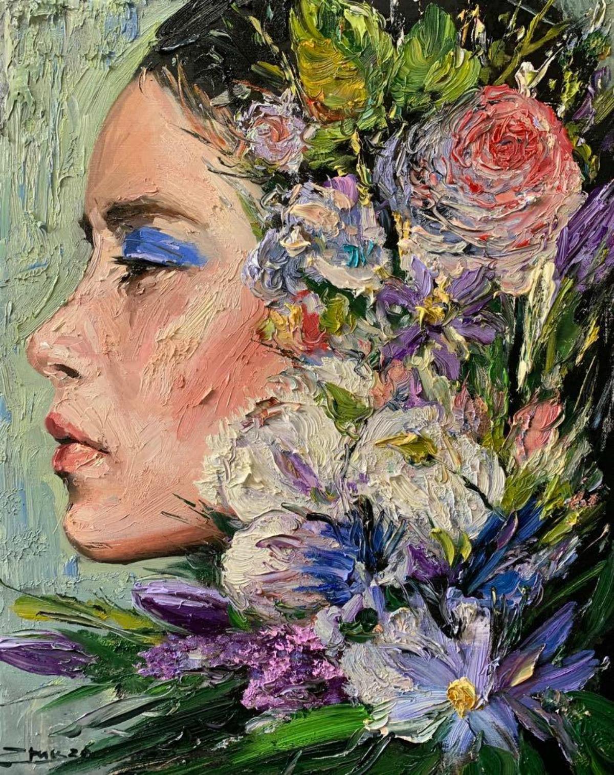 Eric Alfaro Figurative Painting - Elizabeth, Impressionism, Floral, Portrait, Cuban Artist in USA, oil painting