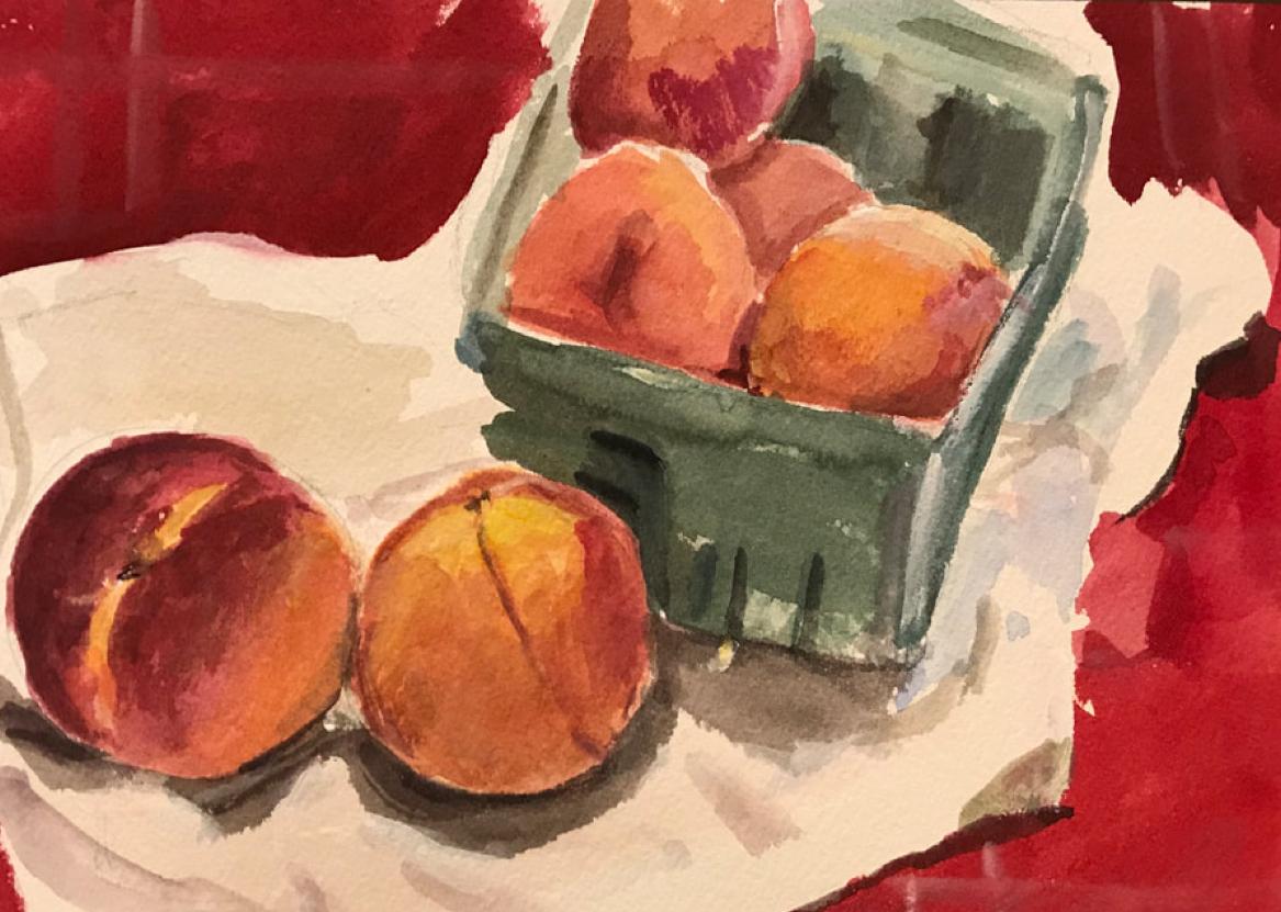 Peaches , Watercolor and Gouache on Paper, Still-life, 7x10, Impressionism - Art by  Eric Santoli