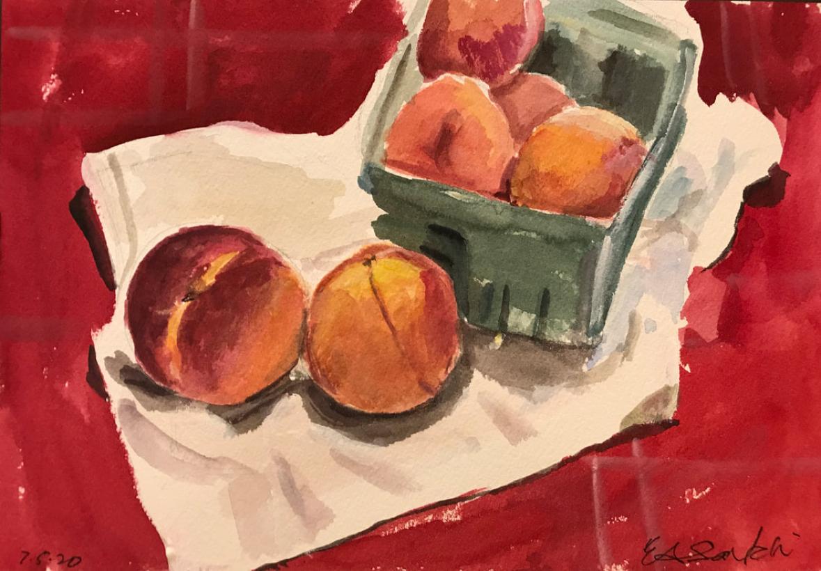 Pesche è un acquerello e guazzo su carta con cornice di 7 x 10.  . È incorniciato e pronto per essere spedito. 
Un artista ha descritto  I dipinti di Santoli: 