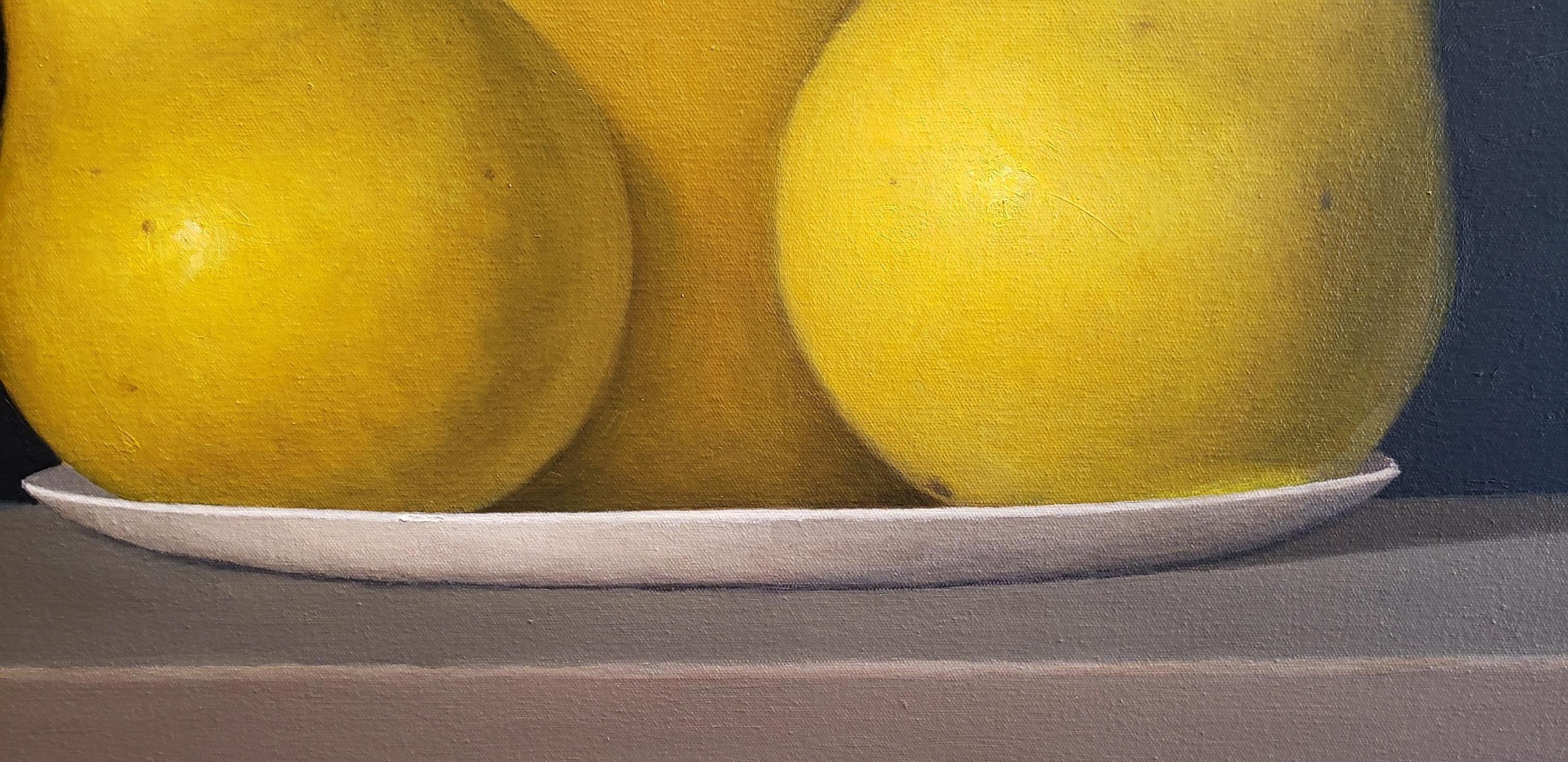 Three Pears on a Pewter Plate , oil painting, American Realism  - Realist Painting by David Harrison