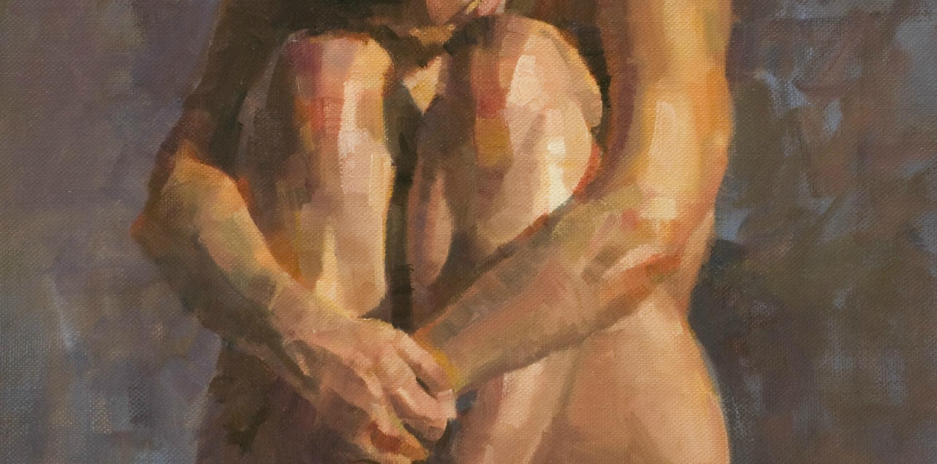 V. in Tucked Position, oil painting, Figurative style  - Painting by James Crandall