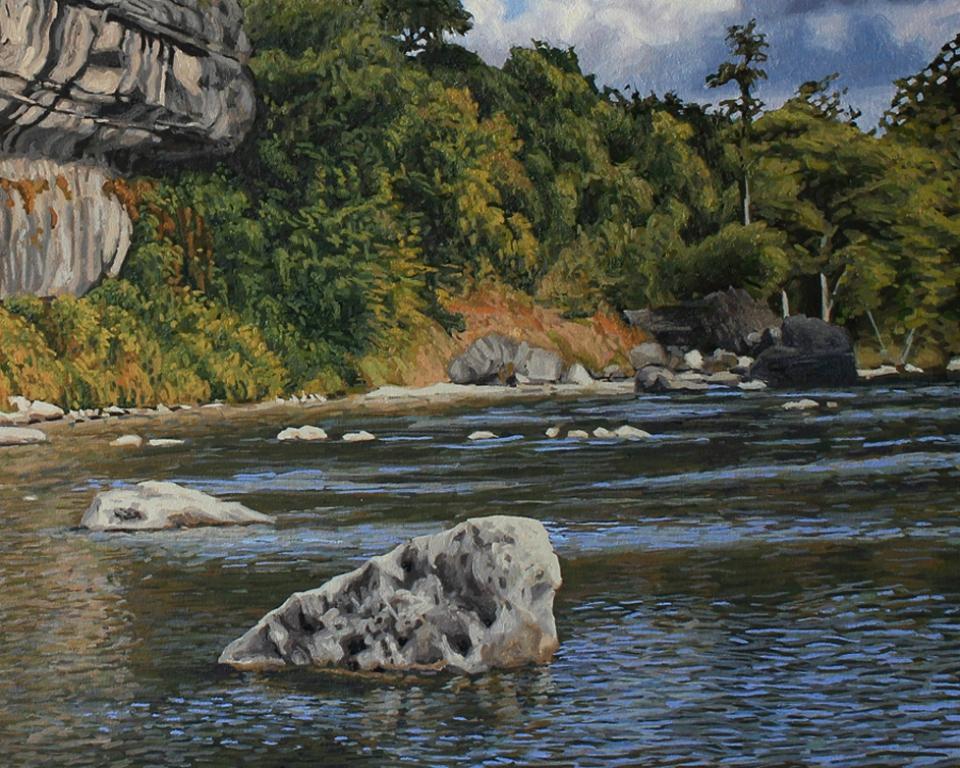 On the Guadalupe River, oil painting, in the  Realism style. - American Realist Painting by Garrett Middaugh