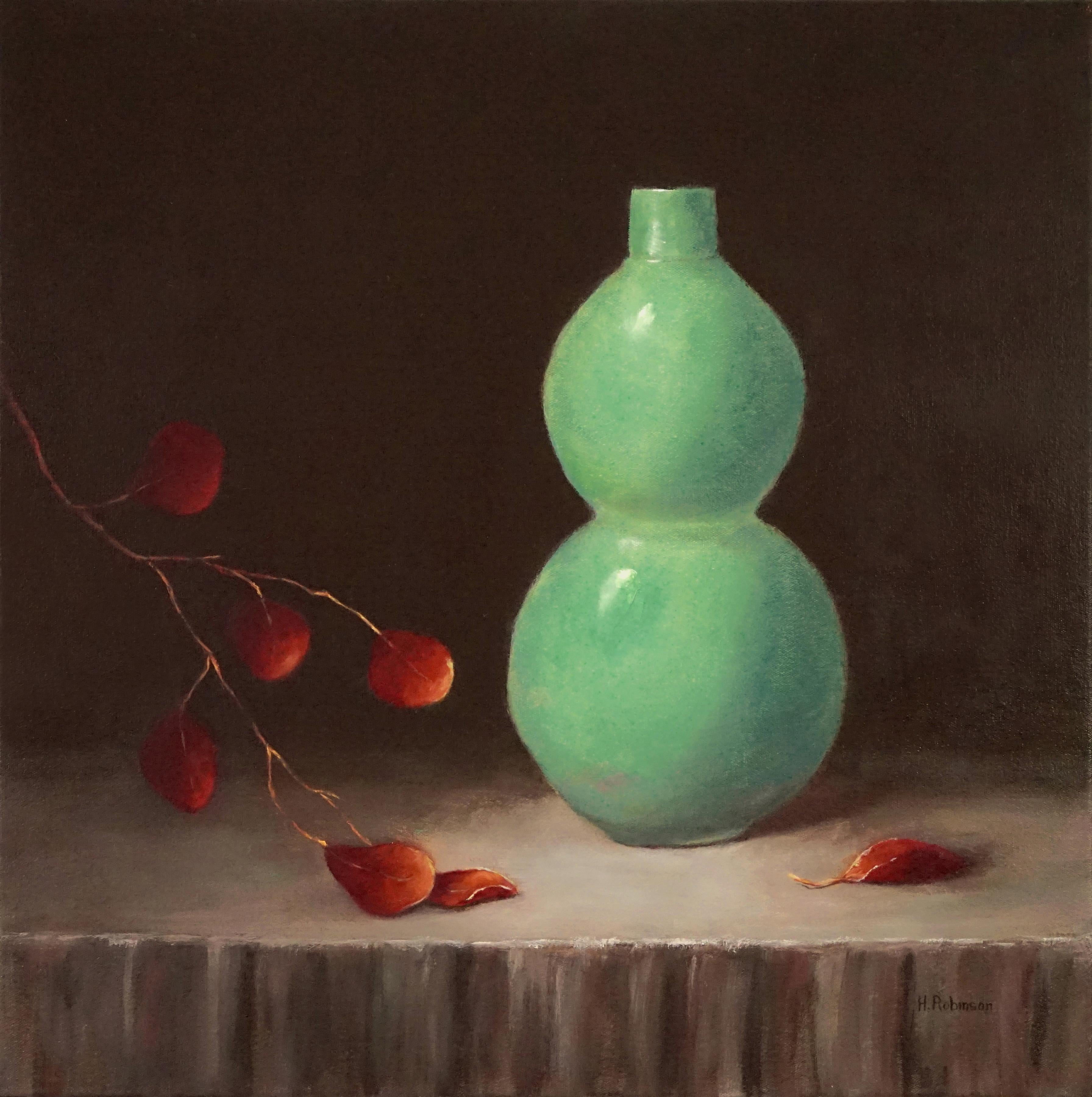 Helene Robinson Still-Life Painting -  Antique Vase, and Eucalyptus,  Painted in the Style of Realism, Oil Texas Artis