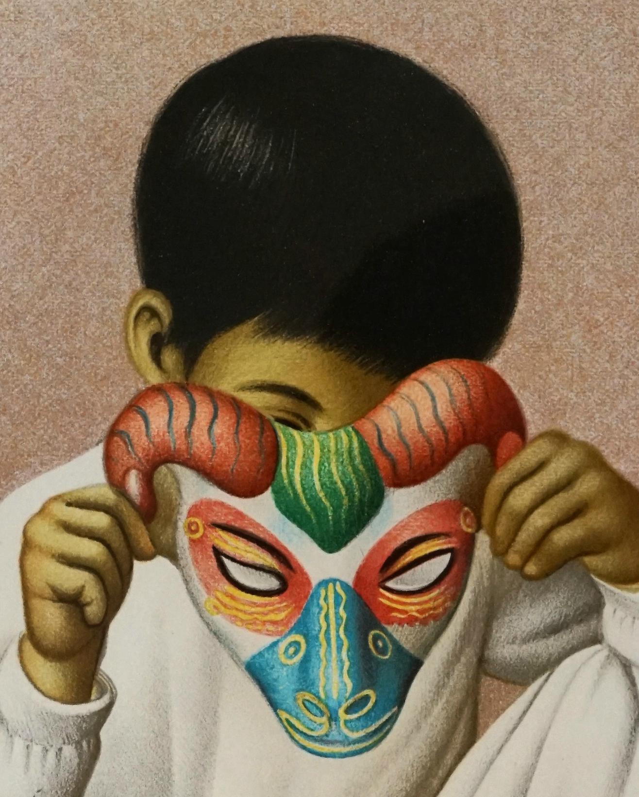 The Boy with a Mask, Mexican Artist, Hand Finished Lithograph, Paris - Painting by Jorge Martinez