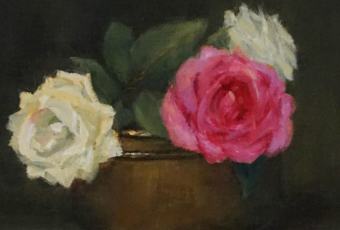   Roses in Copper   Painted in the Style of Realism, Oil Texas Artist - Painting by Helene Robinson