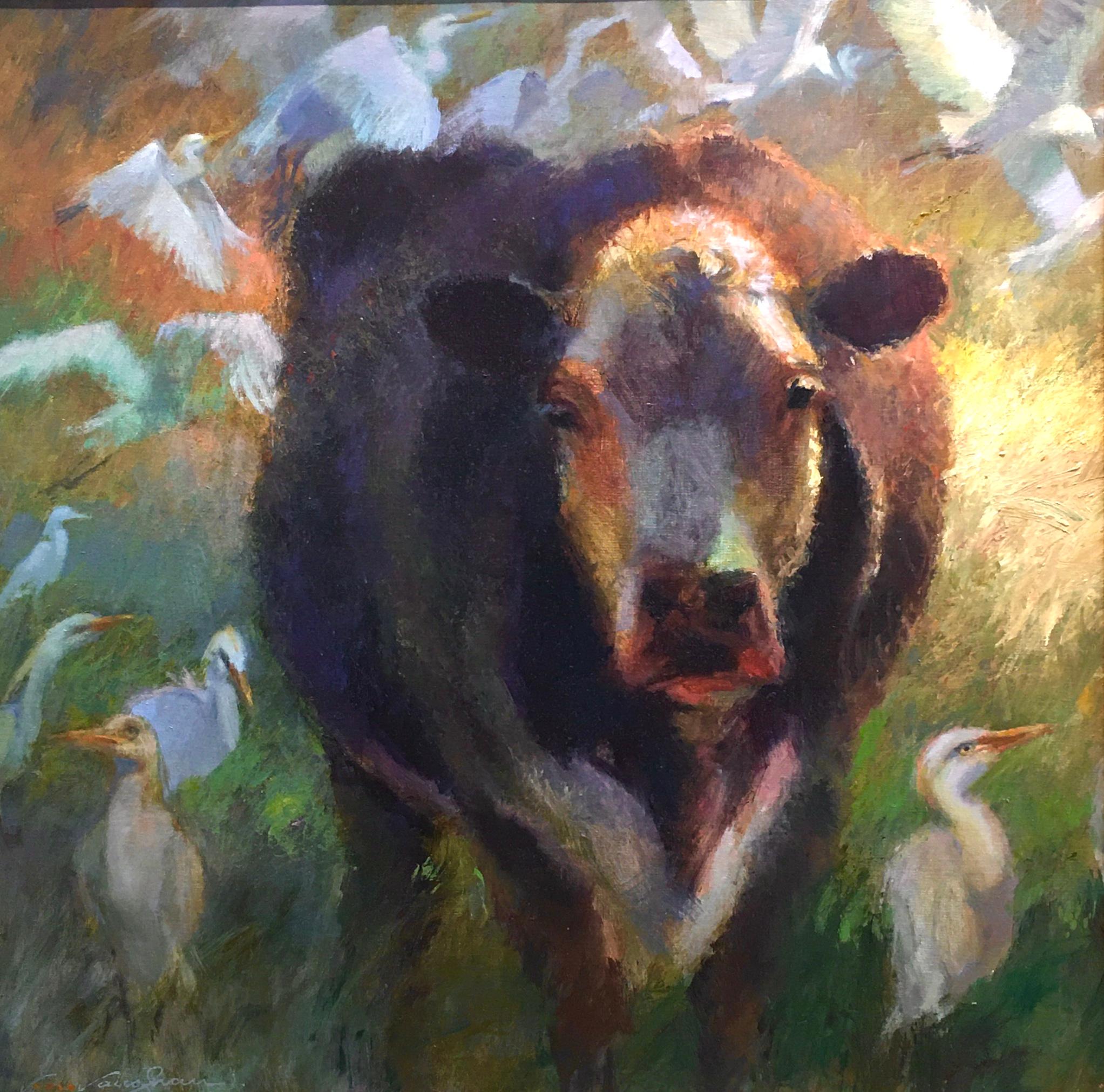 Virginia Vaughan  Animal Painting - With Few Egrets, Texas Cattle, Impressionism Texas Ranches, Texas Artist, No Egrets