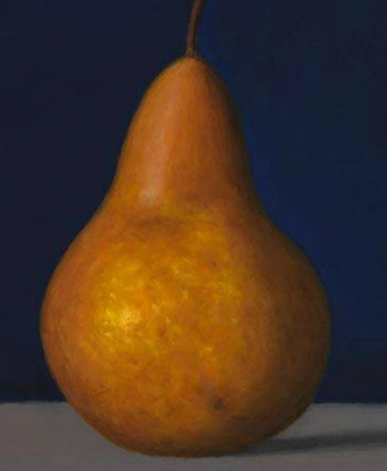 David Harrison, is a master in the style of Realism painting. Bosc Pear shows the simple beauty of Realism paintings.
Harrison, a painter from the Boston area focuses on the interaction of positive and negative space in a short depth of field, and