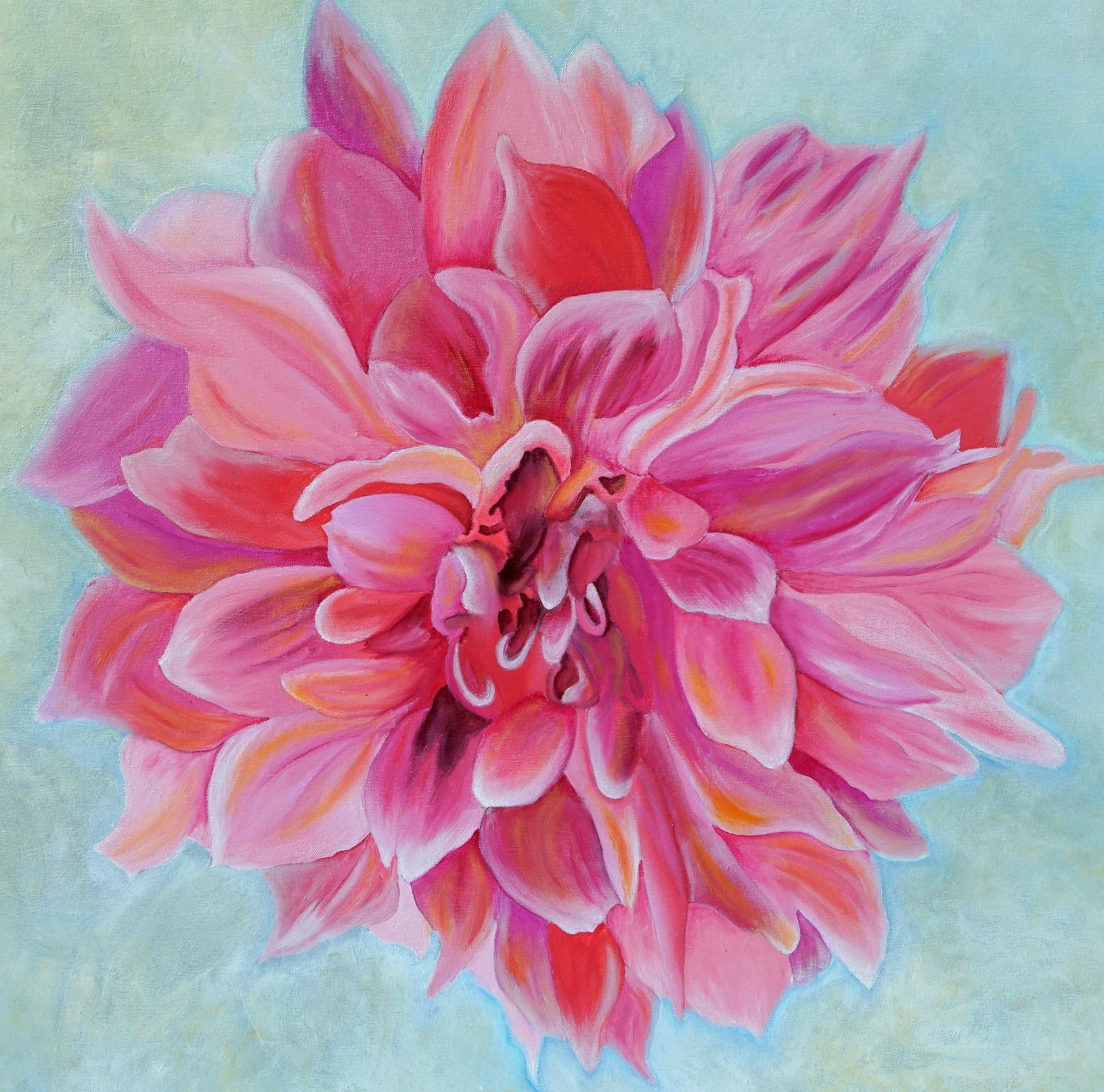 Debbie Pakzaban Still-Life Painting - Dahlia, floral painting, Realism, Texas artist, Still-life