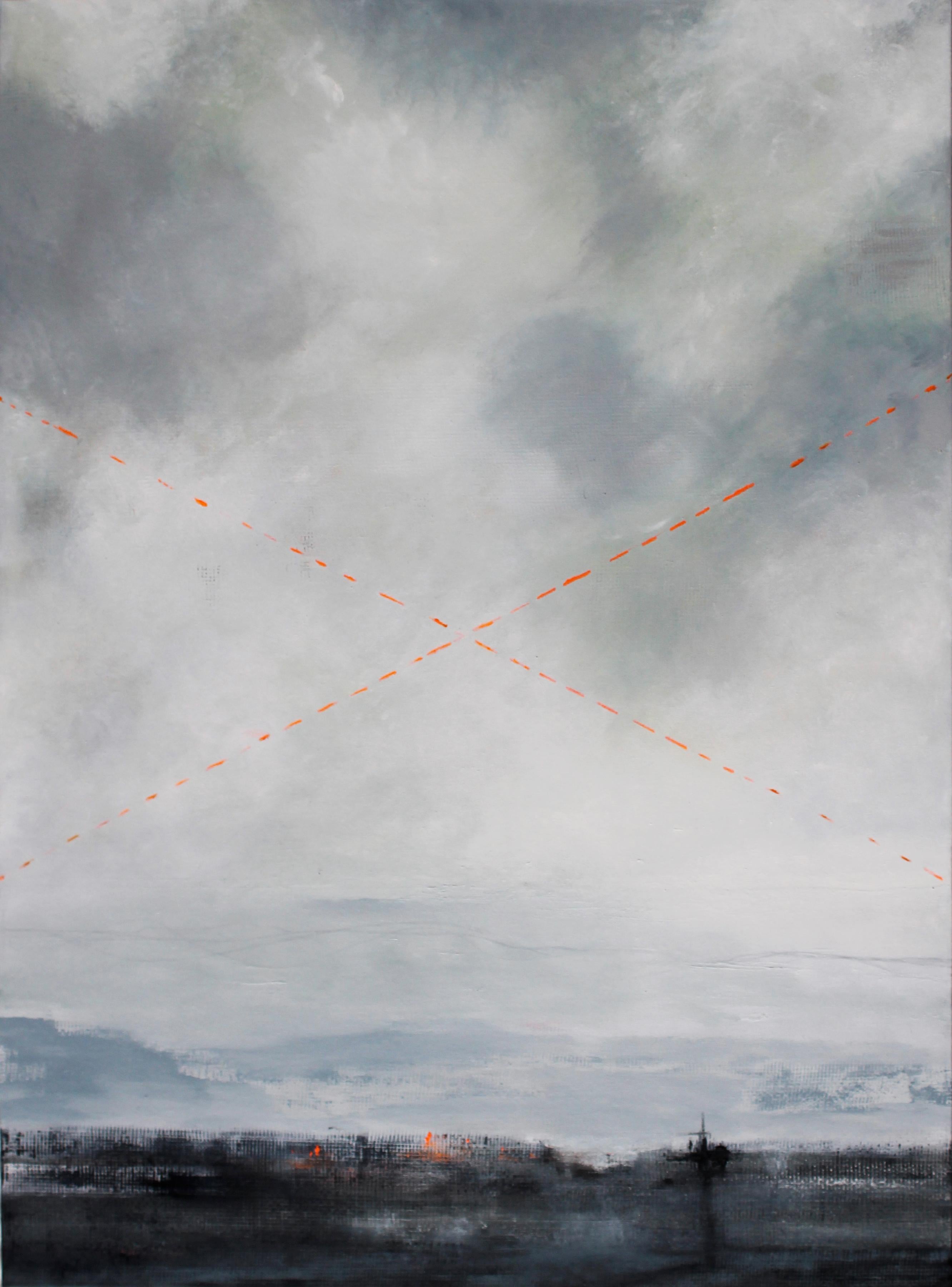 Danger , Art représentatif contemporain, Paysage, artiste canadien, - Gris Landscape Painting par Marie Rioux