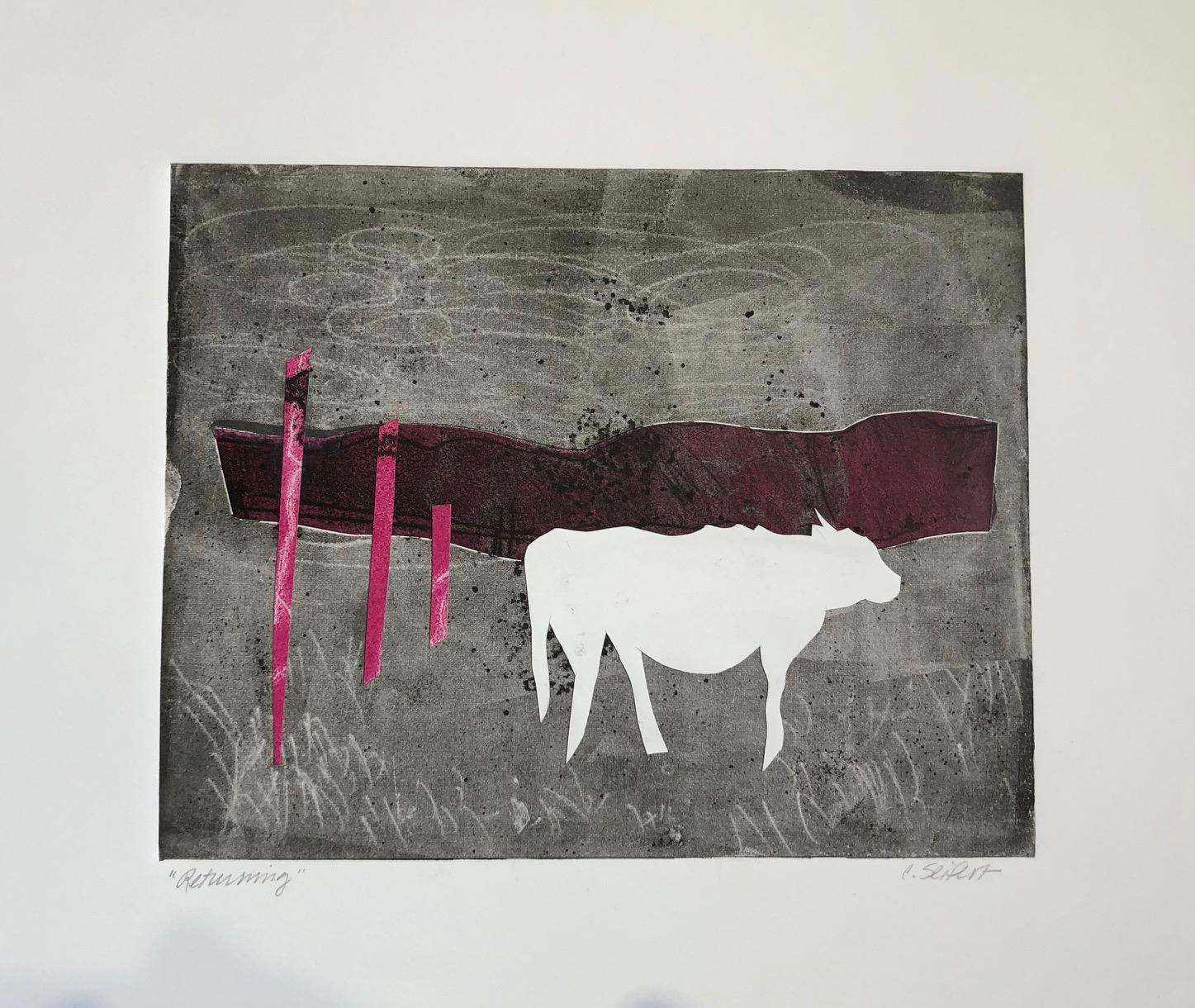   Cows, Monotype and Collage painted in the style of Abstract  Figurative Art - Painting by Charlotte Seifert