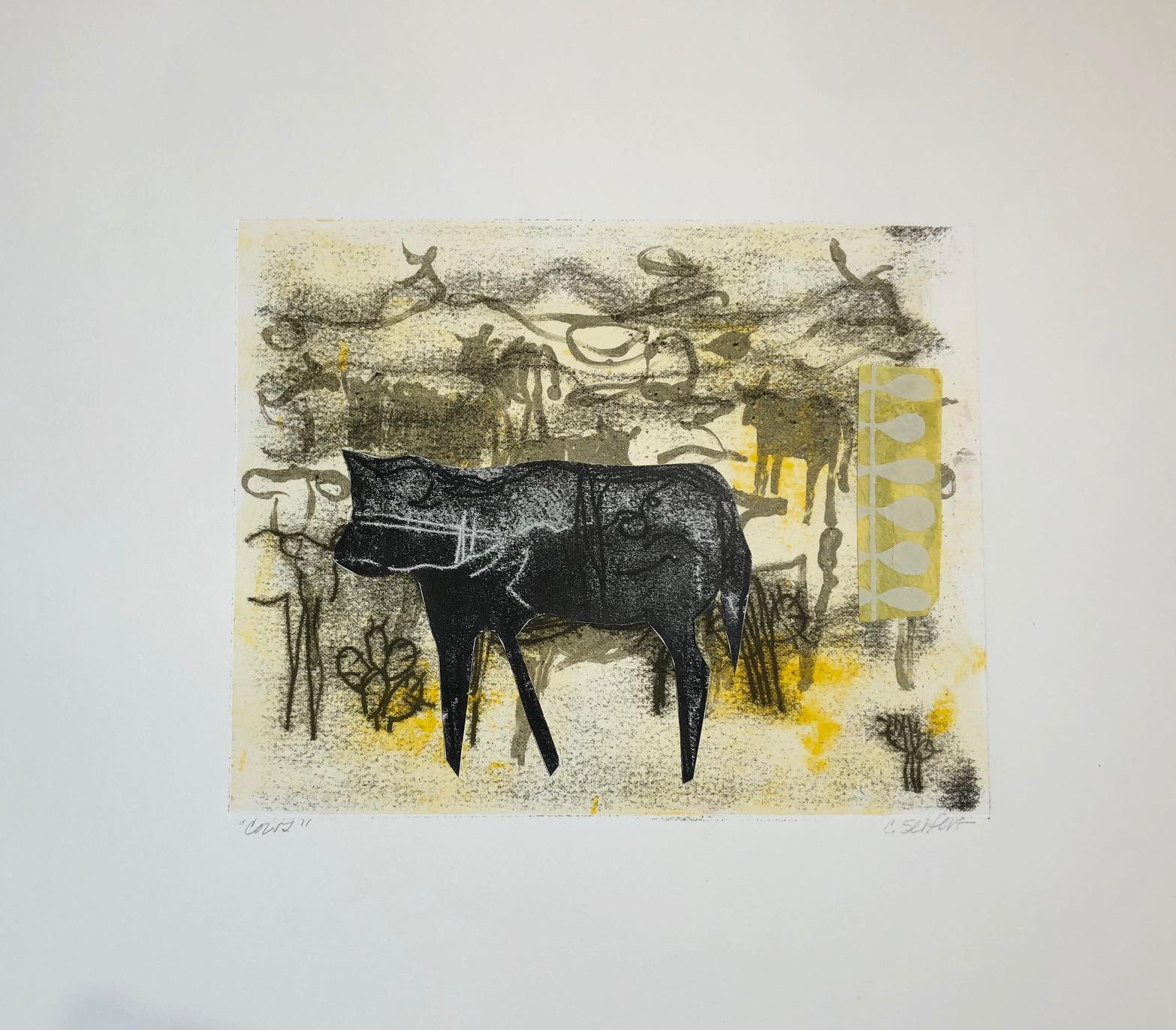 Charlotte Seifert Animal Painting -   Cows, Monotype and Collage painted in the style of Abstract  Figurative Art