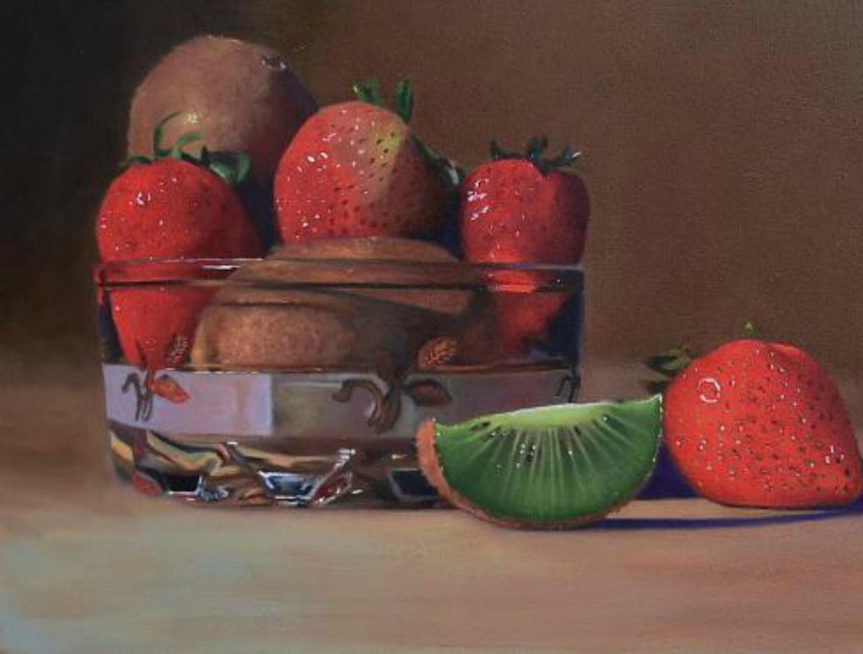  Strawberries & Kiwi , oil painting still-life  Realism style, American Realist  - Painting by Scott Kiche