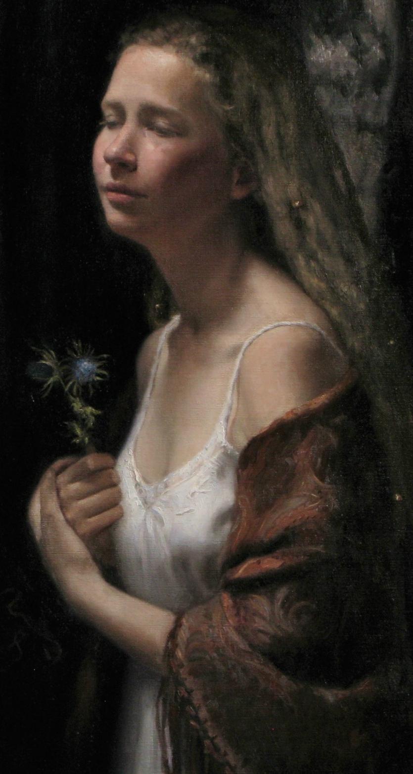 Année, peinture à l'huile, réalisme classique, artiste norvégien, Florence Academy - Noir Portrait Painting par Cornelia Hernes