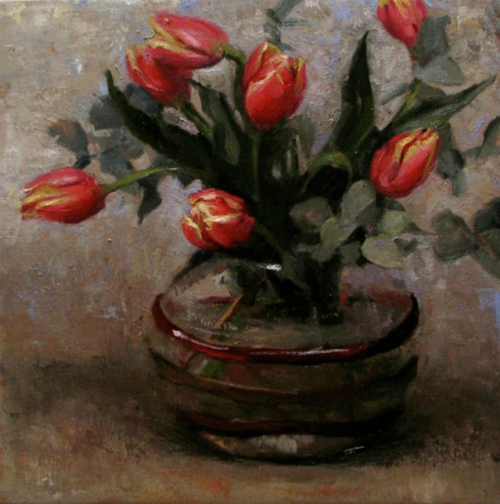Melissa F. Sanchez Still-Life Painting - Red Tulips, oil painting on linen,  Style of Realism, Florence, framed