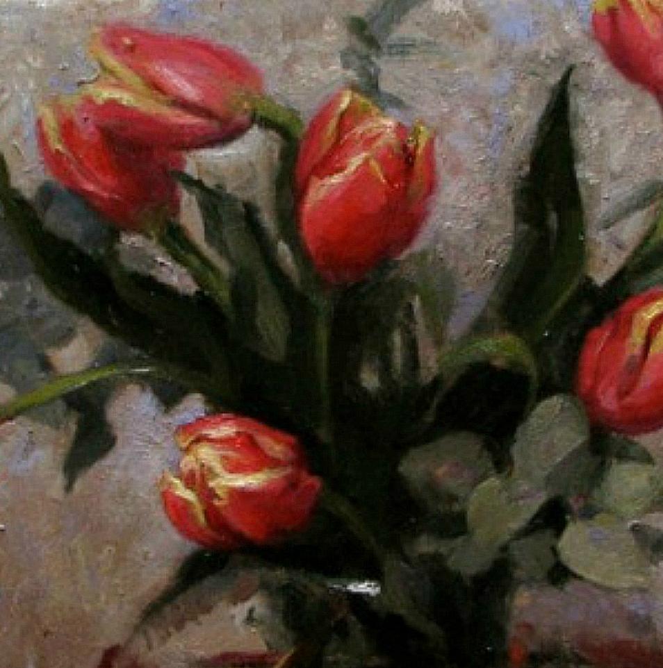 Red Tulips, oil painting on linen,  Style of Realism, Florence, framed - Painting by Melissa F. Sanchez