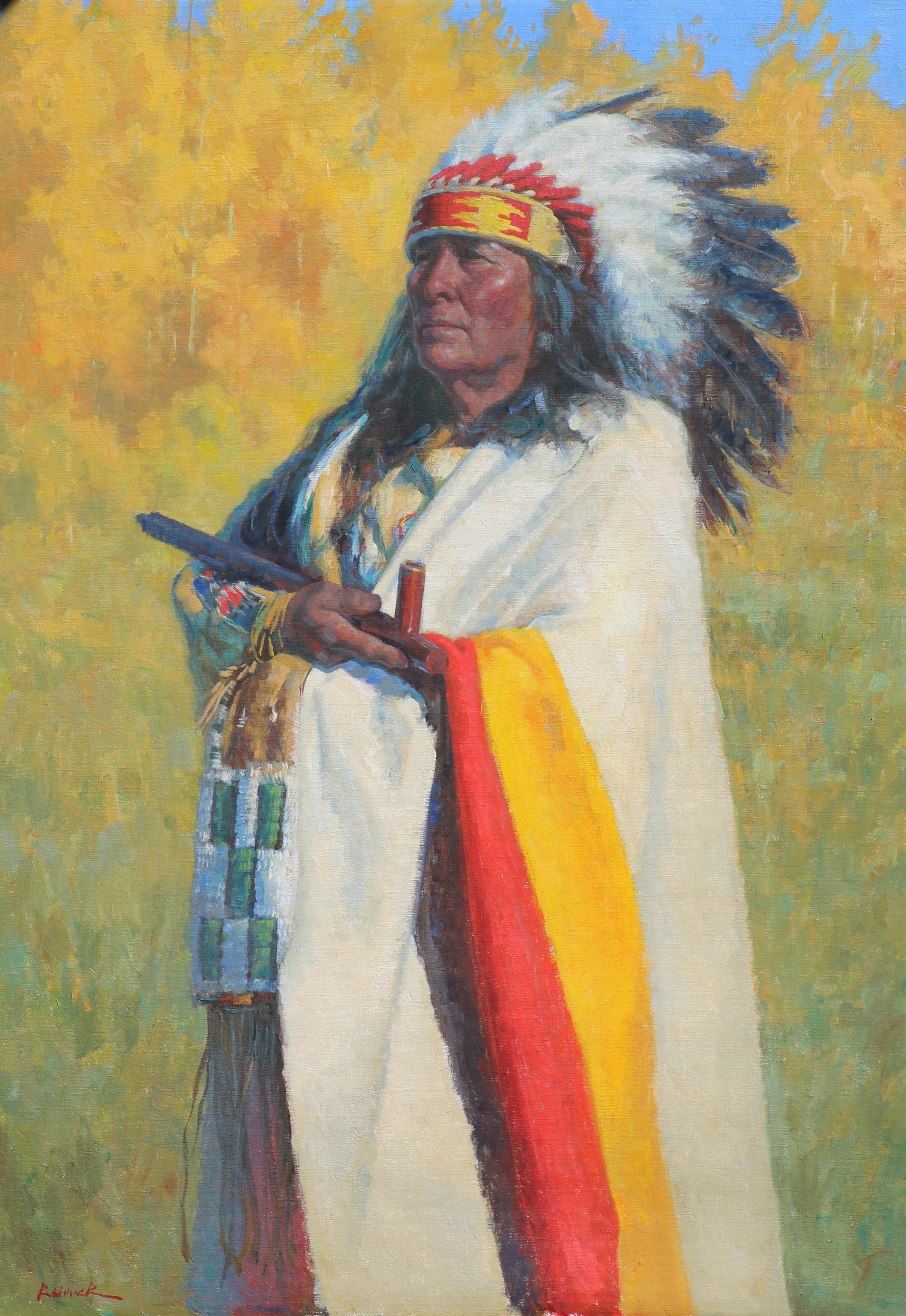 Une plume d'aigle amérindienne, peinture à l'huile, artiste texan, art occidental - Bleu Figurative Painting par William Kalwick