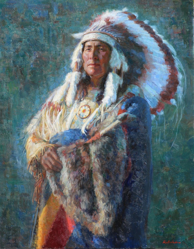  Eagle Feather depicts a Native American Indian in this oil painting by Texas artist, William Kalwick.. Native American Indians are known for their bright and colorful fabrics  and headgear which are handmade.  Each Native American Indian