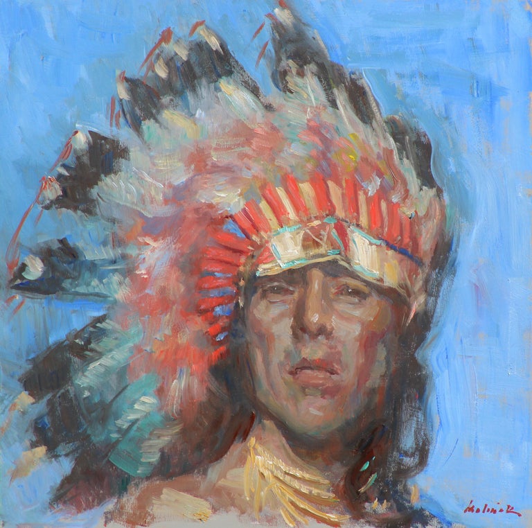 White Eagle , Native American Indian, oil painting , Texas Artist, Western Art - Gray Figurative Painting by William Kalwick