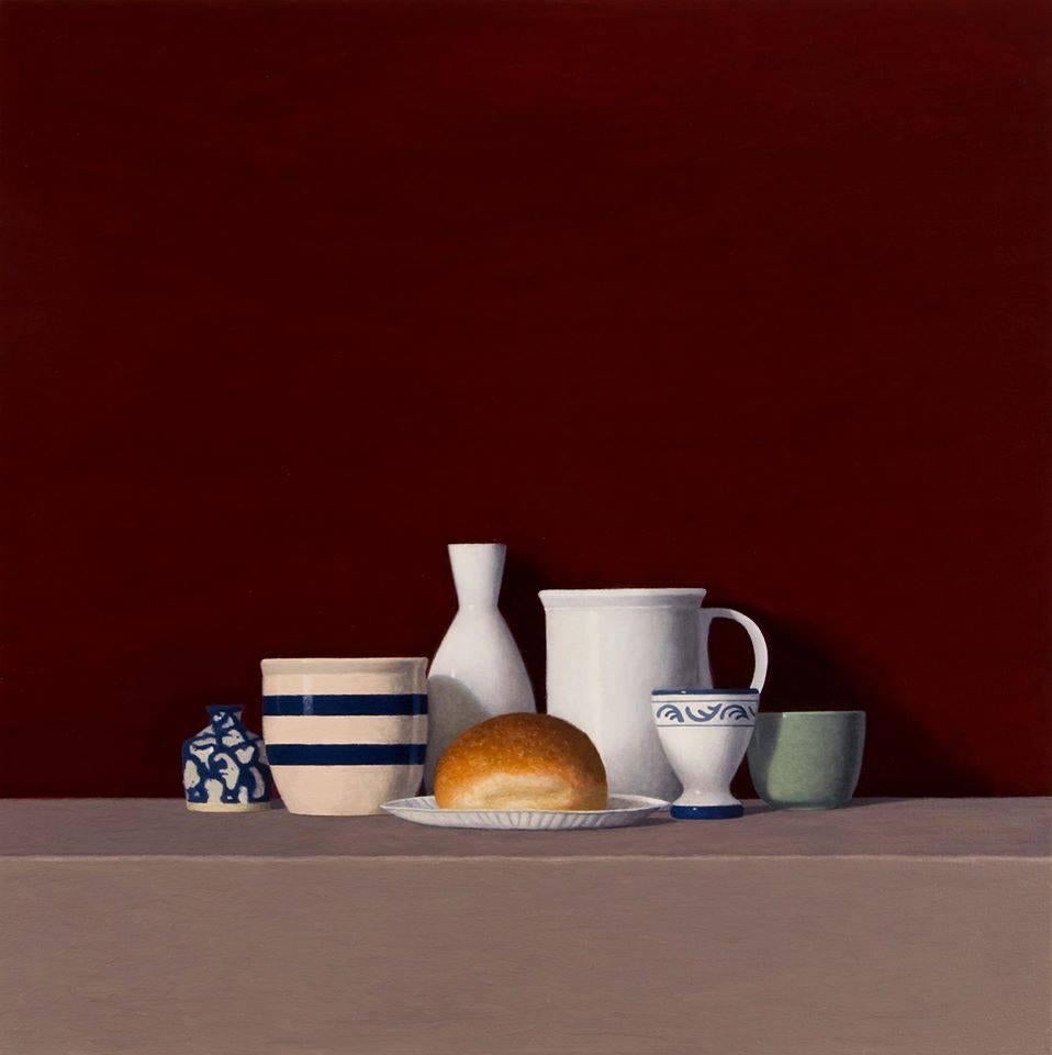  Six Objects w/a Roll, oil painting, American Realism, Realist Painter, 