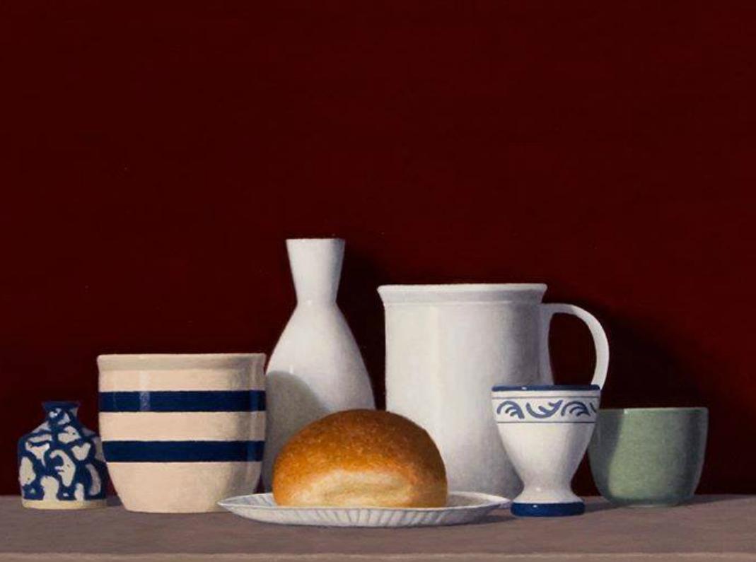  Six Objects w/a Roll  oil painting American Realism, Realist Artist - Painting by David Harrison