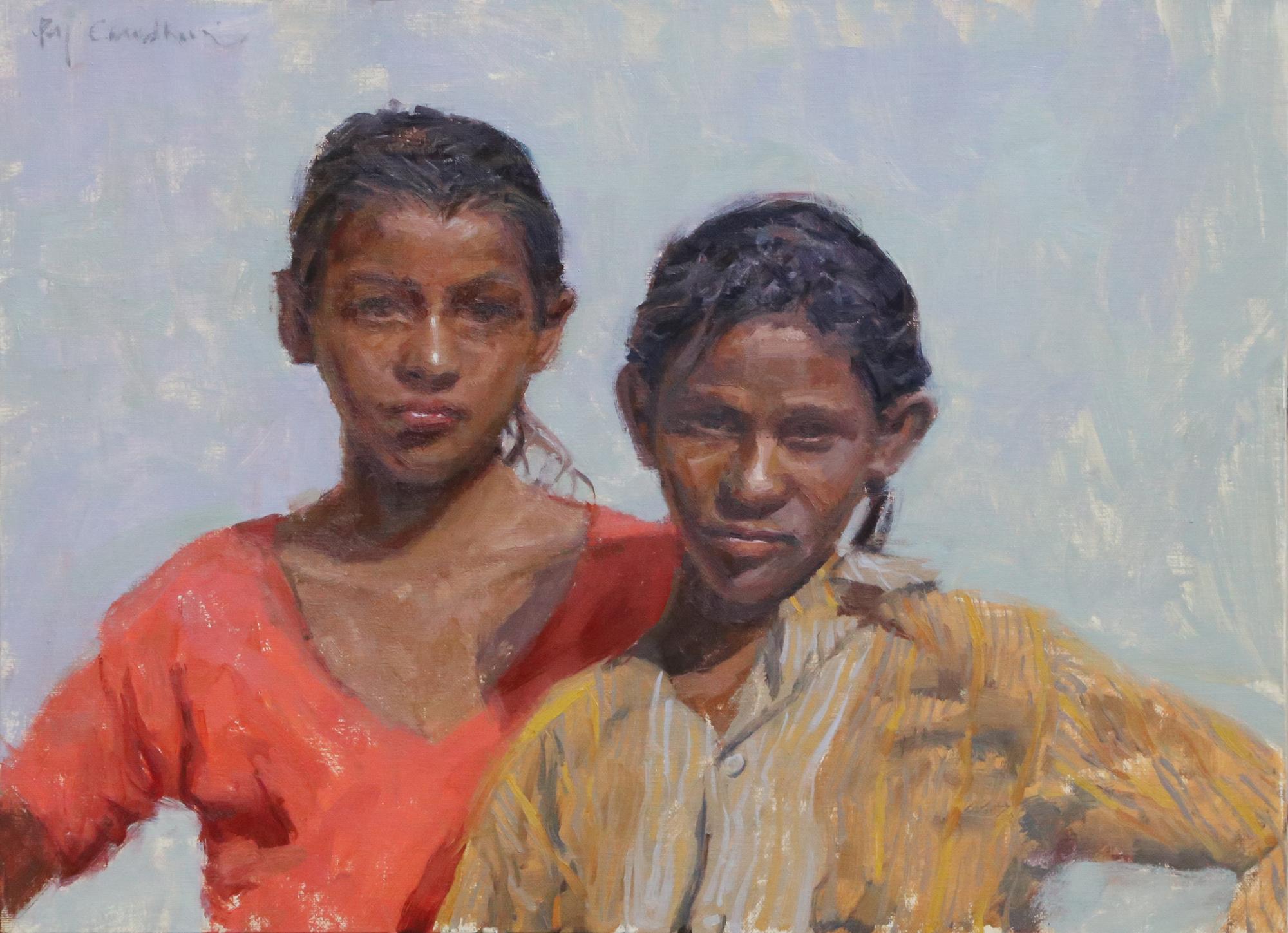 Raj Chaudhuri Portrait Painting - Rajasthani Gypsy Girls, oil painting, American Impressionistic, Indian Art