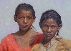 Rajasthani Gypsy Girls, oil painting, American Impressionistic, Indian Art