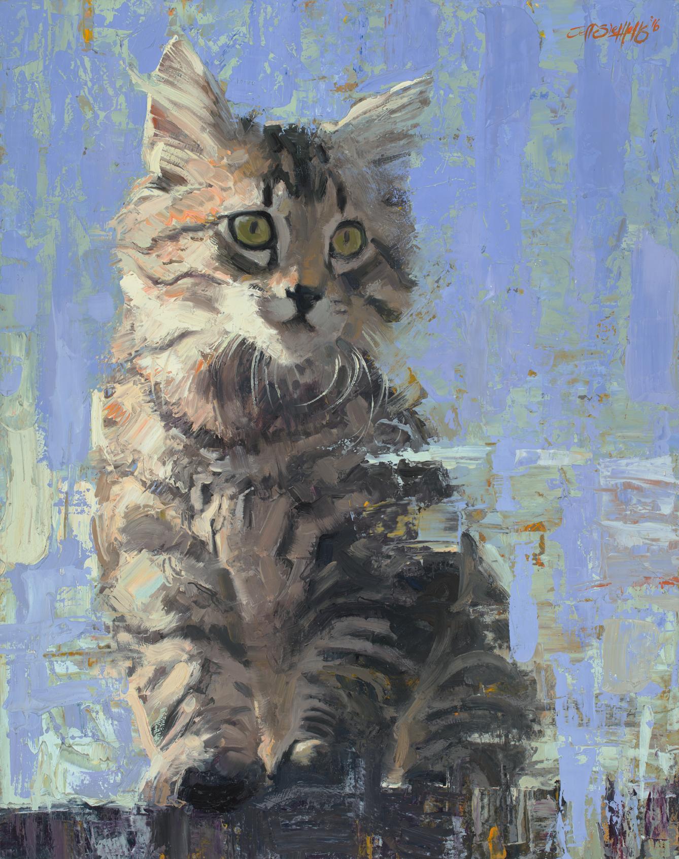 Jeff Slemons Landscape Painting - Rooftop Bob , Animal portrait, oil painting , American Impressionism, Cats, Pets 