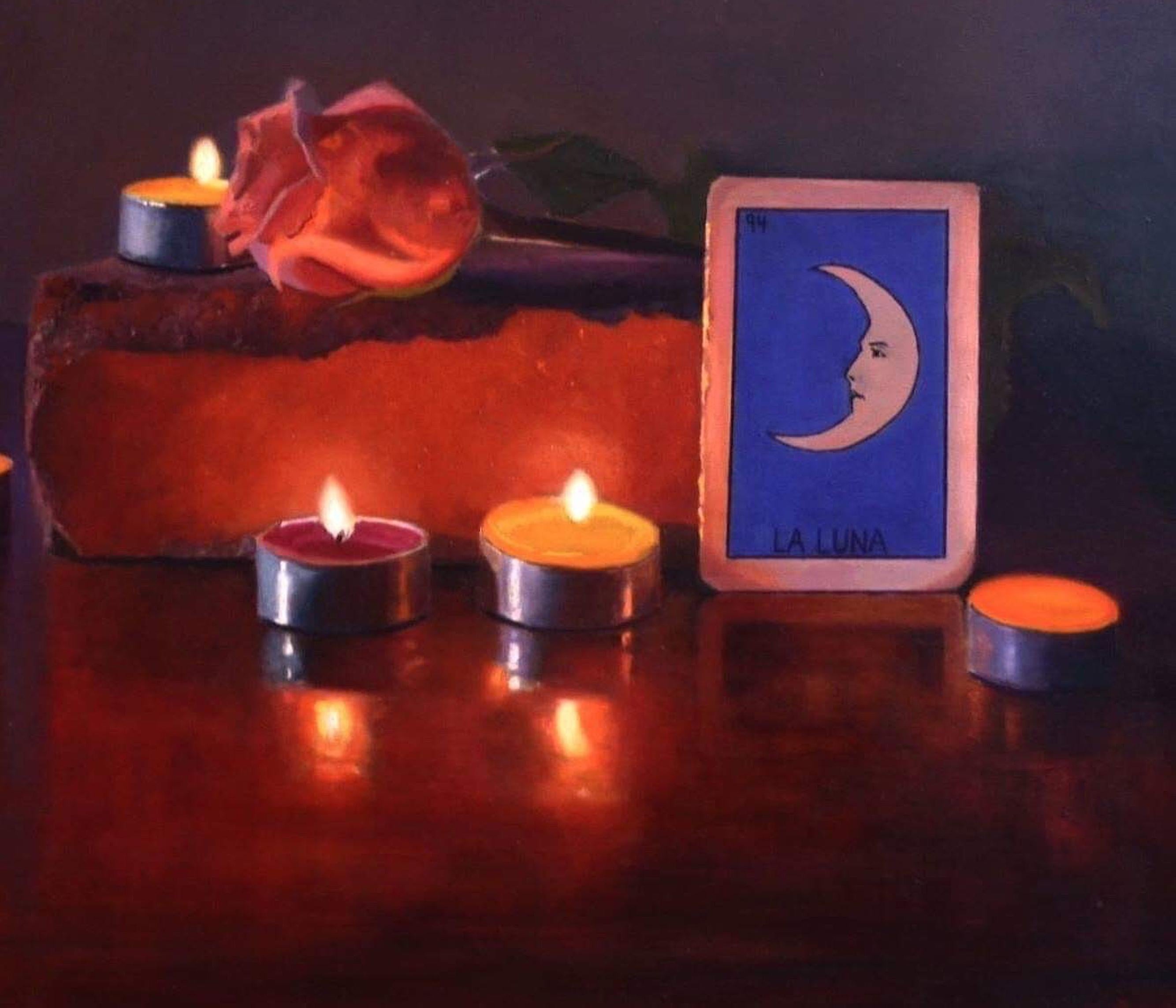 Rosas y Luna by Candlelight oil painting on aluminum still-life , Realism   - Painting by Scott Kiche