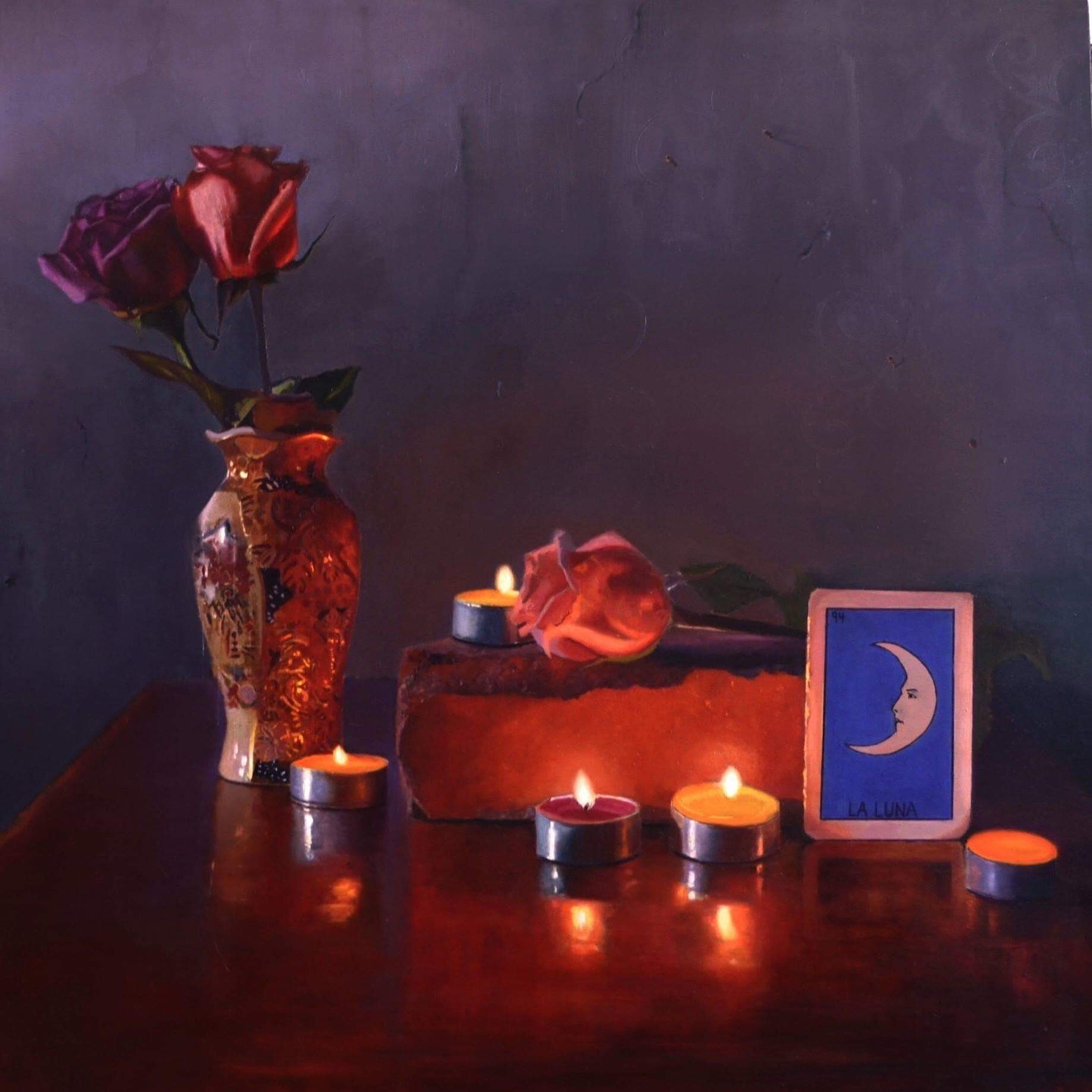 Scott Kiche Still-Life Painting - Rosas y Luna by Candlelight oil painting on aluminum still-life , Realism  