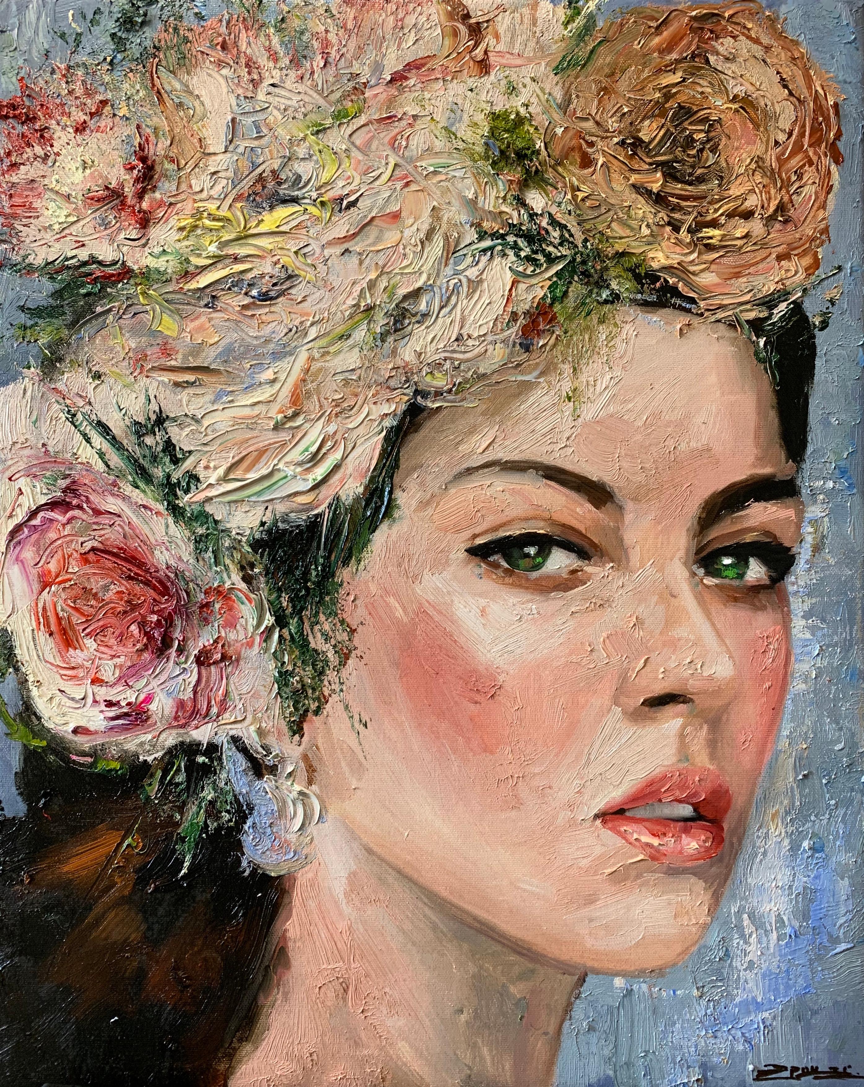 Eric Alfaro Figurative Painting - Anna, Impressionism, Floral, Portrait, Cuban Artist in USA, oil painting