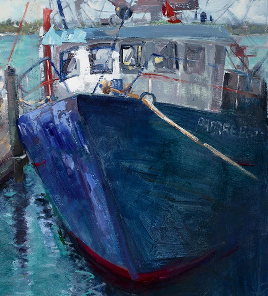 Docked, oil painting, Award of Excellence,  San Francisco Harbor, Ocean, framed - Painting by Paulette Lee